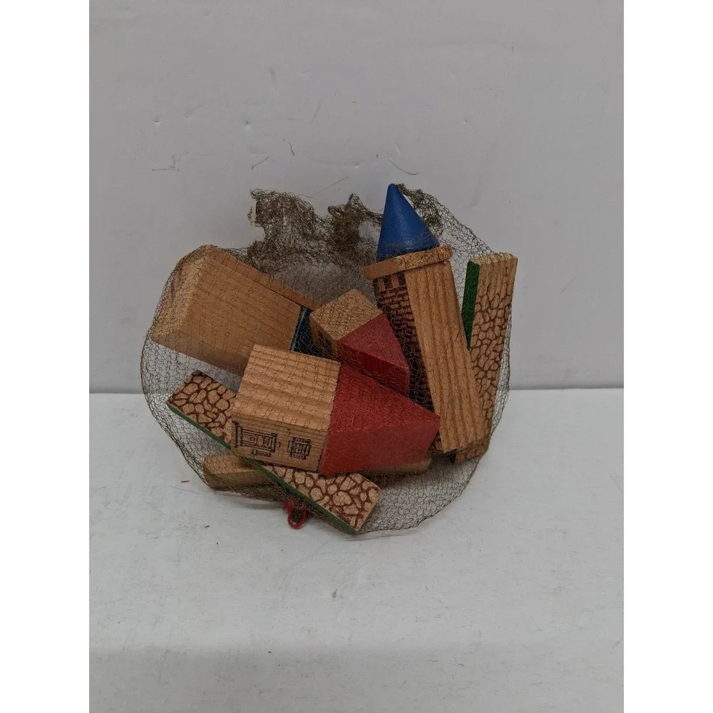 Vintage Miniature Wooden Building Blocks Set Village Windmill Nutcracker Bag